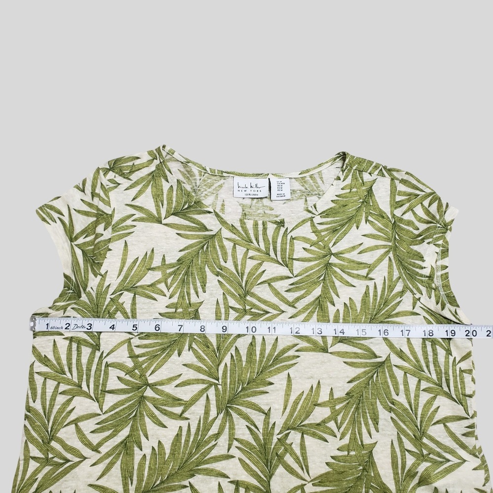Nicole Miller 100% Linen Palm Leaf Print Cap Sleeve Button Detail Top Green M - Picture 7 of 10